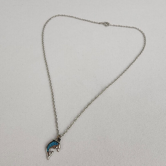 Vintage Silver Tone Blue Dolphin Pendant Chain Necklace - Picture 2 of 8
